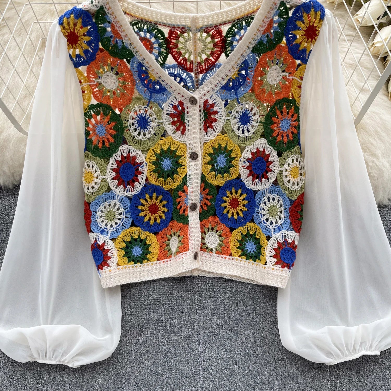 Knitting Crochet  Hollow Out Long Lantern Sleeve Blouse