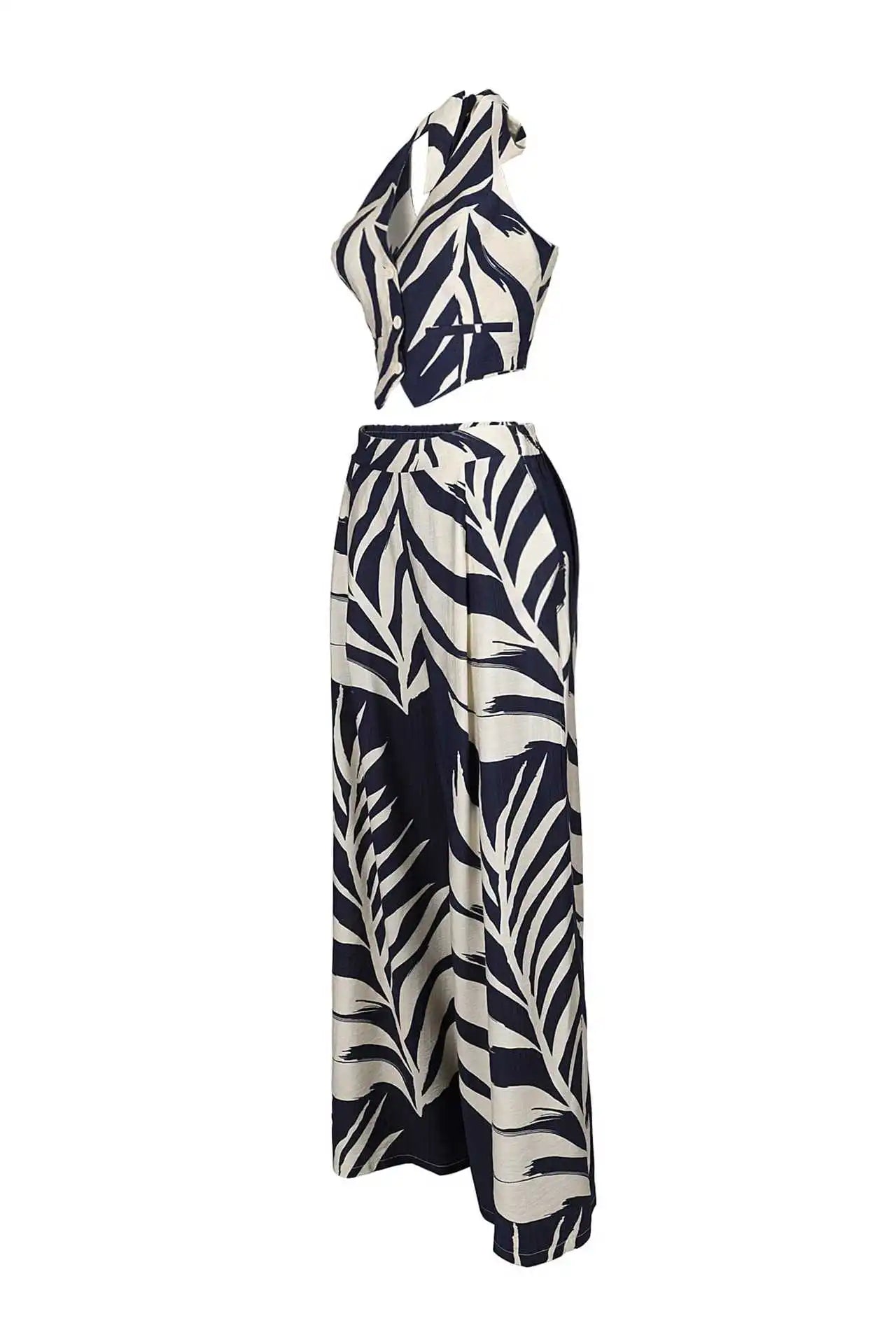 Beach Leaf Printed Halter Sleeveless Crop Shirt Tank and Wide Leg Pants TwoPiece Sets