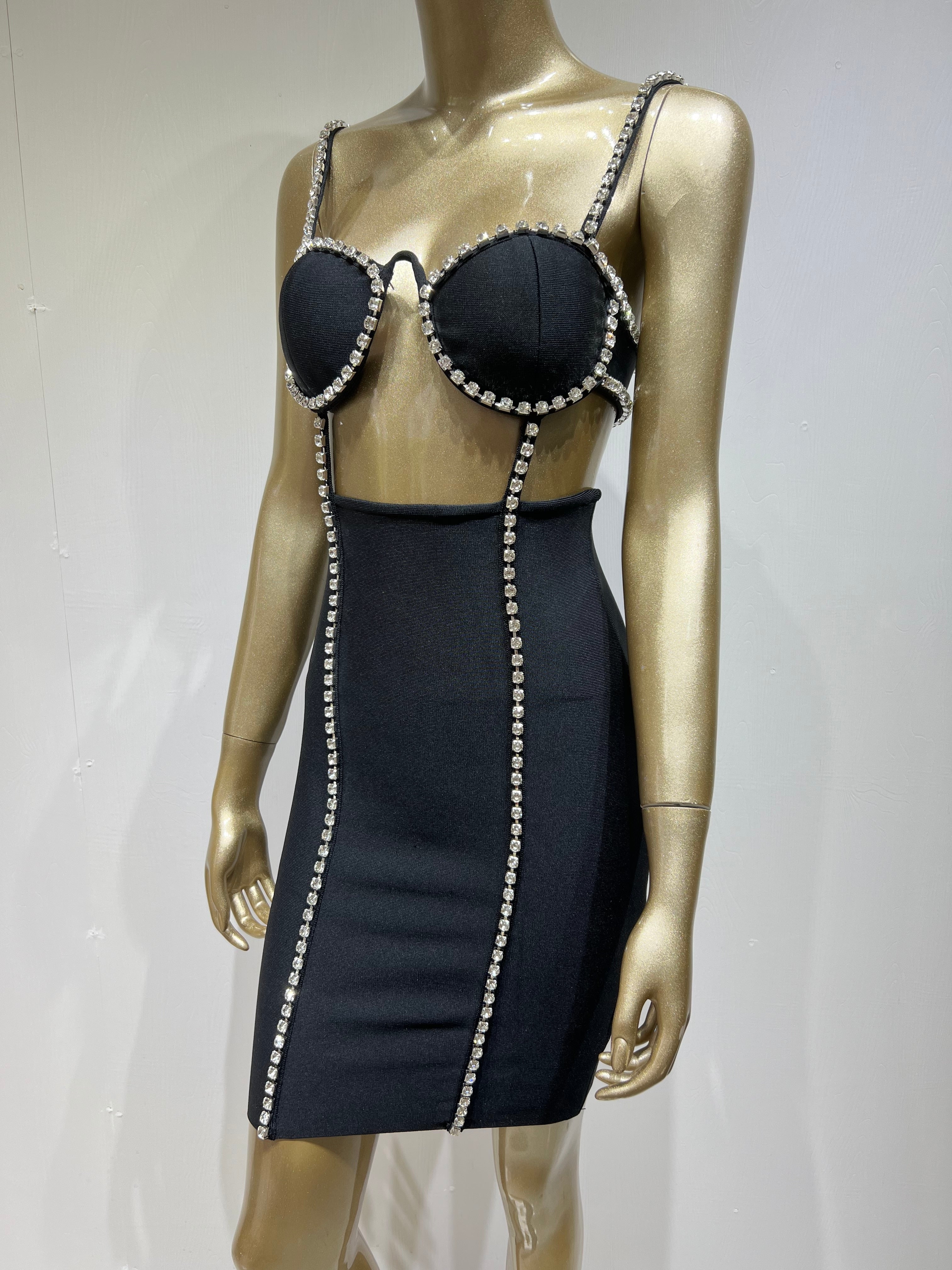 Cut Out Diamonds Crystal Black Mini Bodycon Bandage Dress