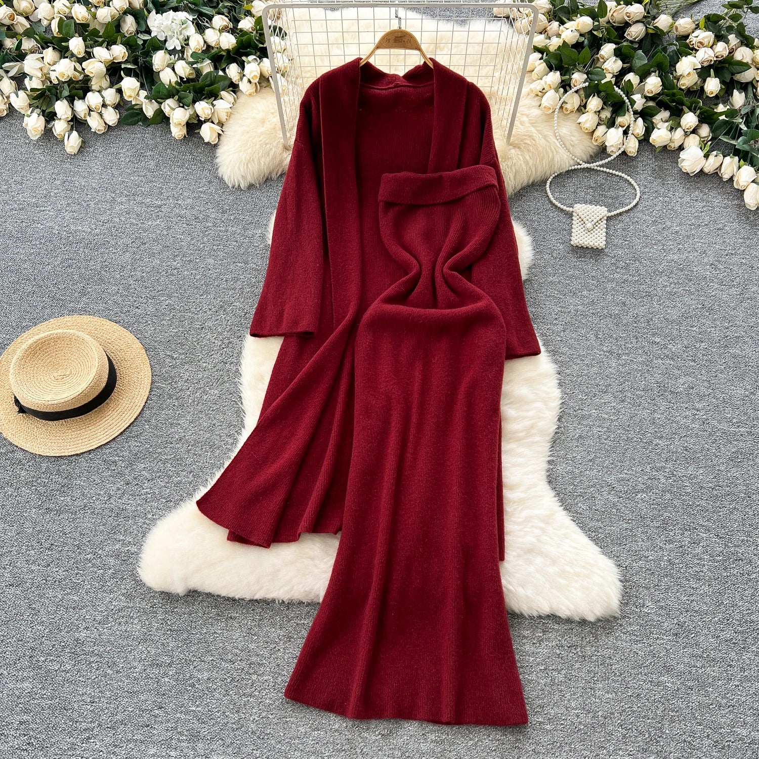 Long Sleeves Oversize Cardigan+Strapless Bodycon Dress Solid Knit 2pcs Sets