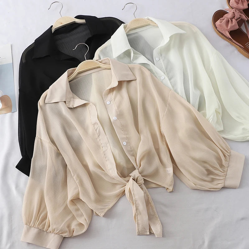 Casual Loose Hollow Elegant Solid Color Tied Waist Blouse