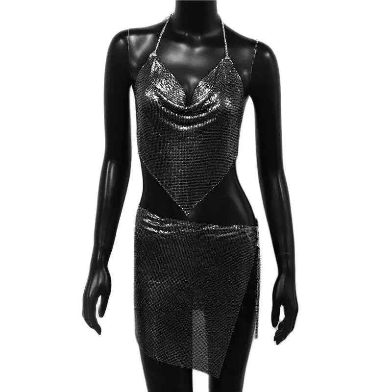 Metal Sequins 2 Piece Set Backless Halter Tank Tops Split Mini Skirts