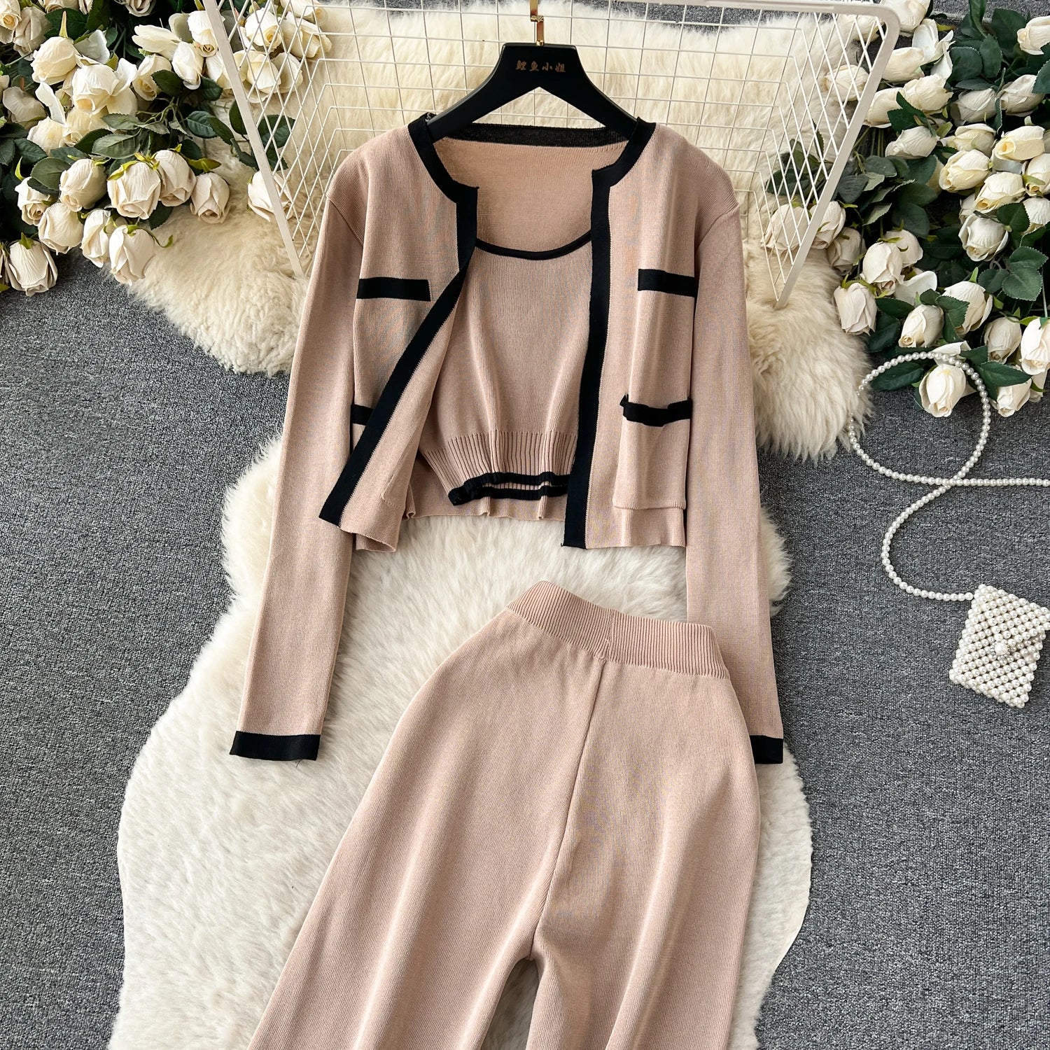 Three Pieces Sets Tank Top+Long Sleeves Short Cardigan+Elastic Long Pants Set