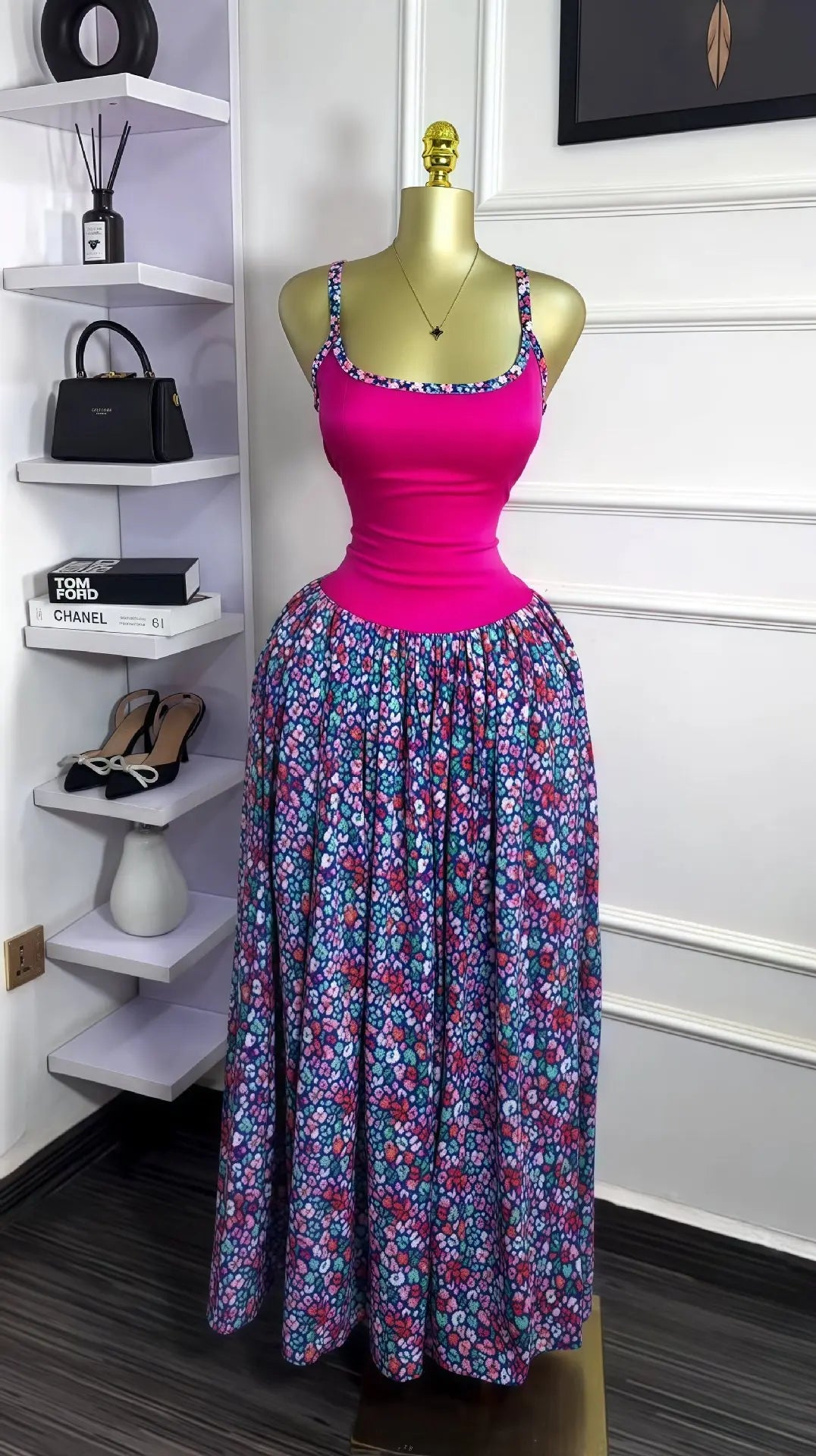 Floral Printed Patchwork Strap Tank Maxi Long Dress