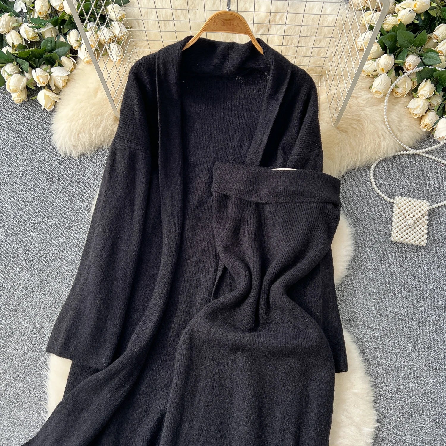 Long Sleeves Oversize Cardigan+Strapless Bodycon Dress Solid Knit 2pcs Sets
