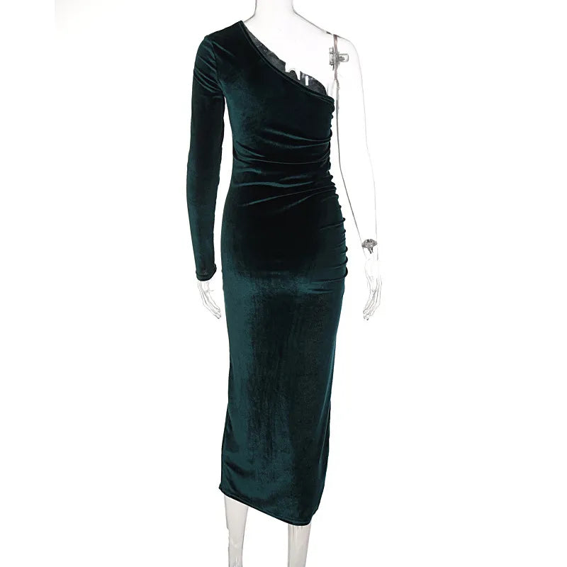 Elegant Long Sleeve Party Evening Velvet Bodycon Split Pencil Midi Dress