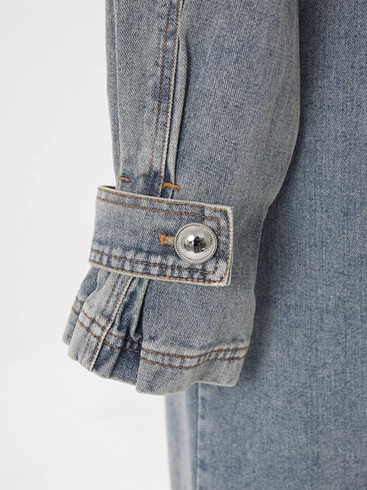 Blue Denim Big Size Long Trench Lapel Long Sleeve Loose Fit Windbreaker