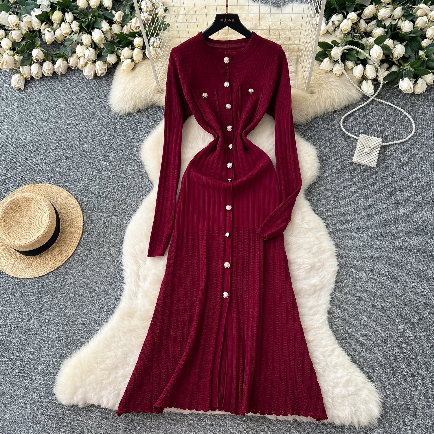 High-Waisted Knitted Long Autumn Hollow out Dress
