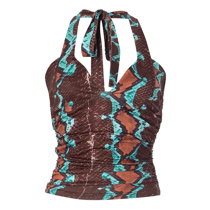 Lace-Up Halter Backless Y2K Print Tank Tops