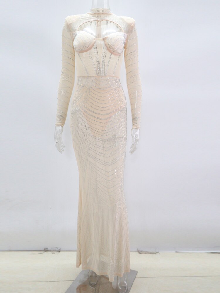 Rhinestone Crystal Mesh Sheer Maxi Dress