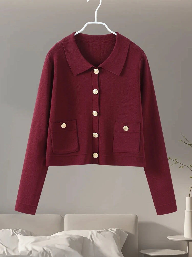 Knitted Two Pieces Single Breasted Lapel Cardigan Pleated A-line Mini Skirt Set