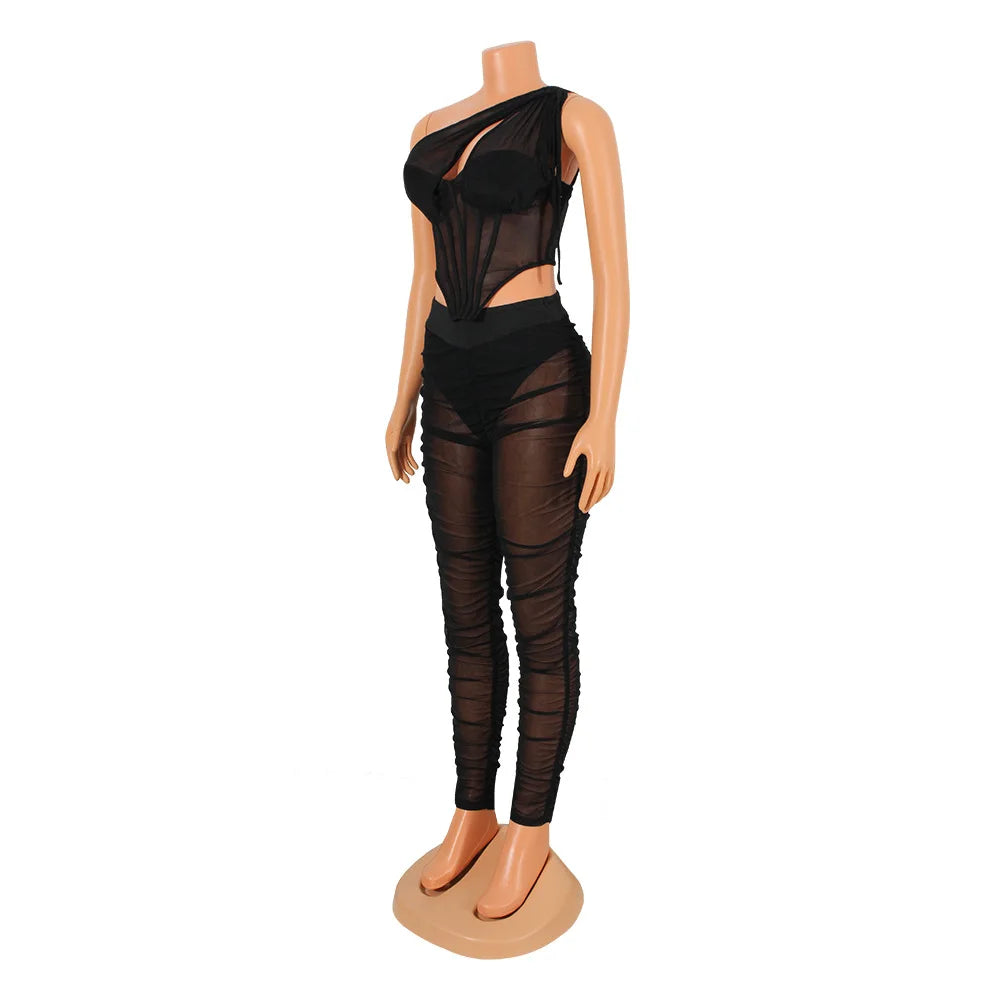 See Though Mesh One Shoulder Sleeveless Crop Top and Stacked Pants Suit Set