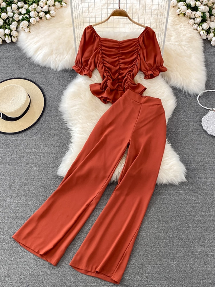 High Waist Drape Pants, Square Collar  Blouse Two-piece Suit