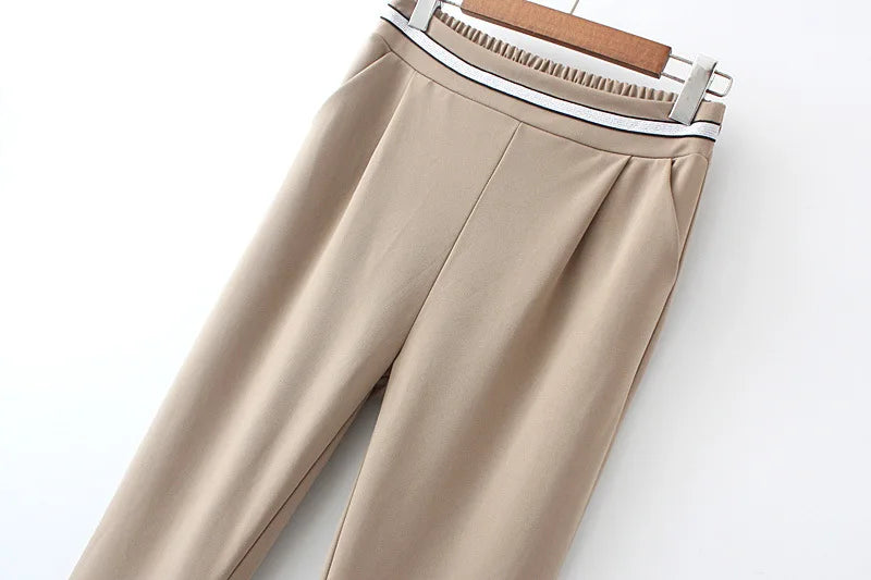 Stripes Elastic Waist Casual Office Lady Calf-Length Trouser