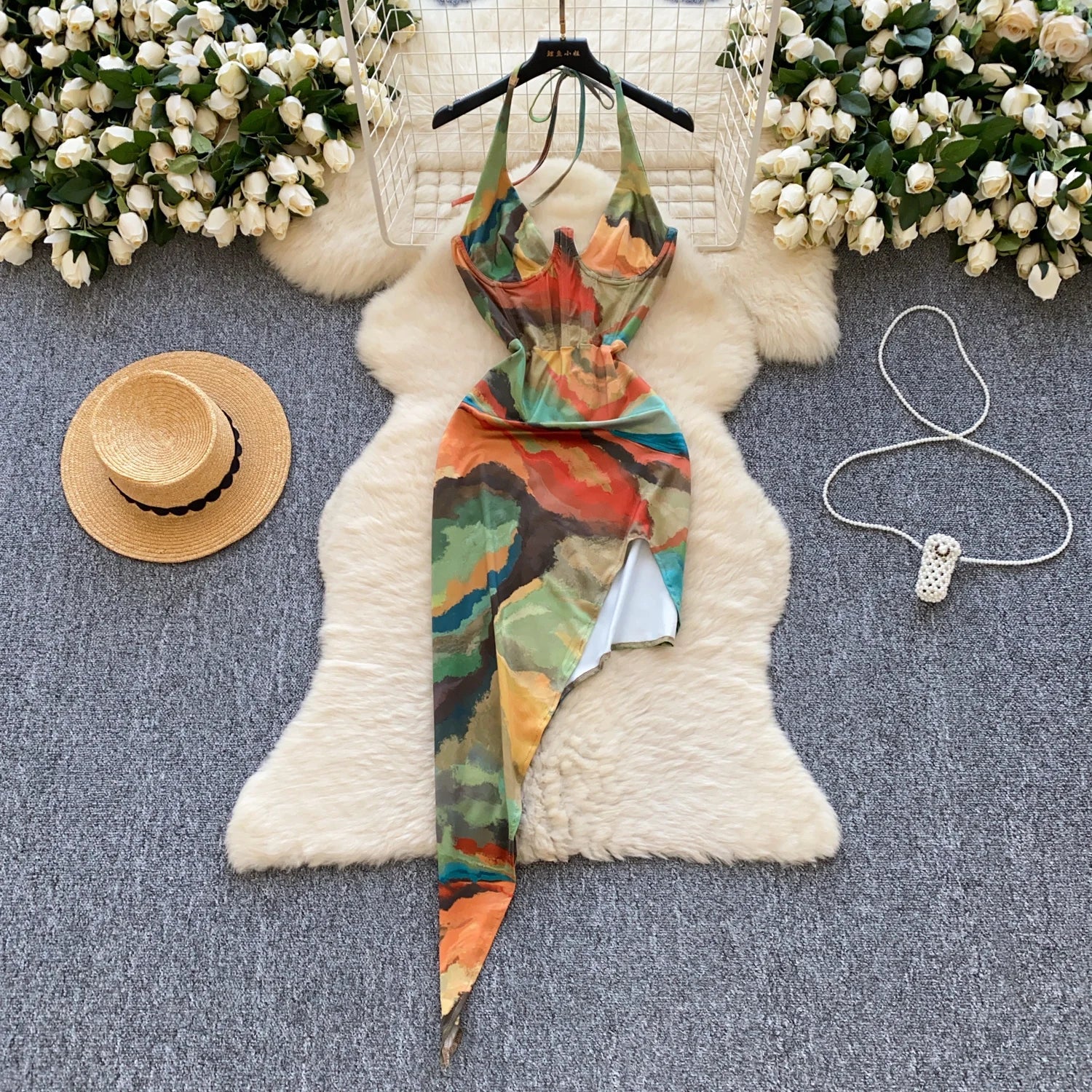 Irregular Sleeveless V Neck Slim Halter Split Bodycon Dress