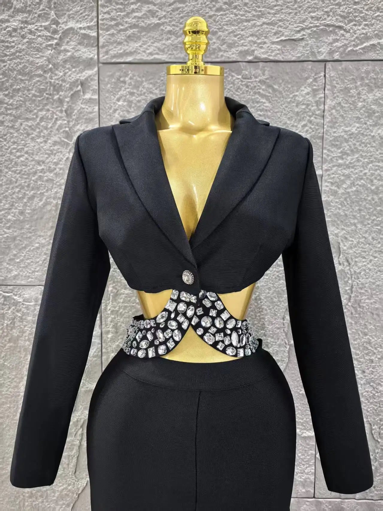 Long Sleeve Crystal Two Pieces Bodycon Bandage Set