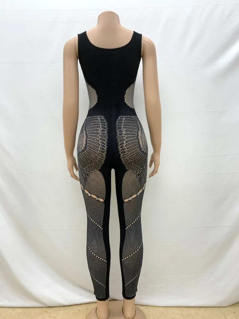 Hollow Out Rhinestones Patchwork Jumpsuit
