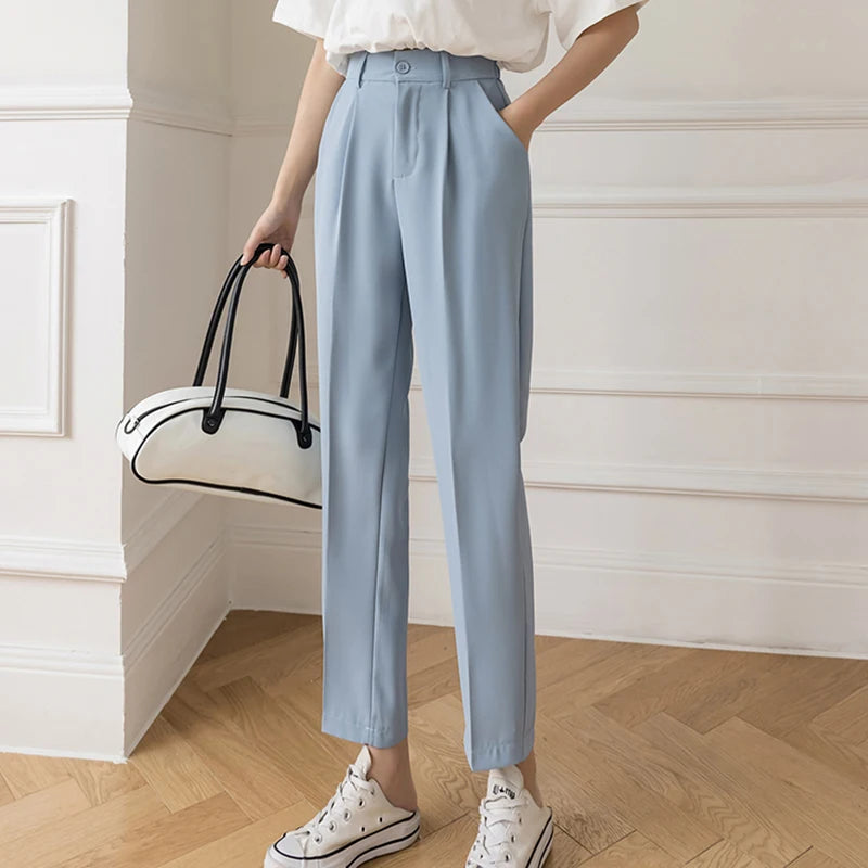 Elastic High Waist Casual Trousers Korean Style Solid Office Pant