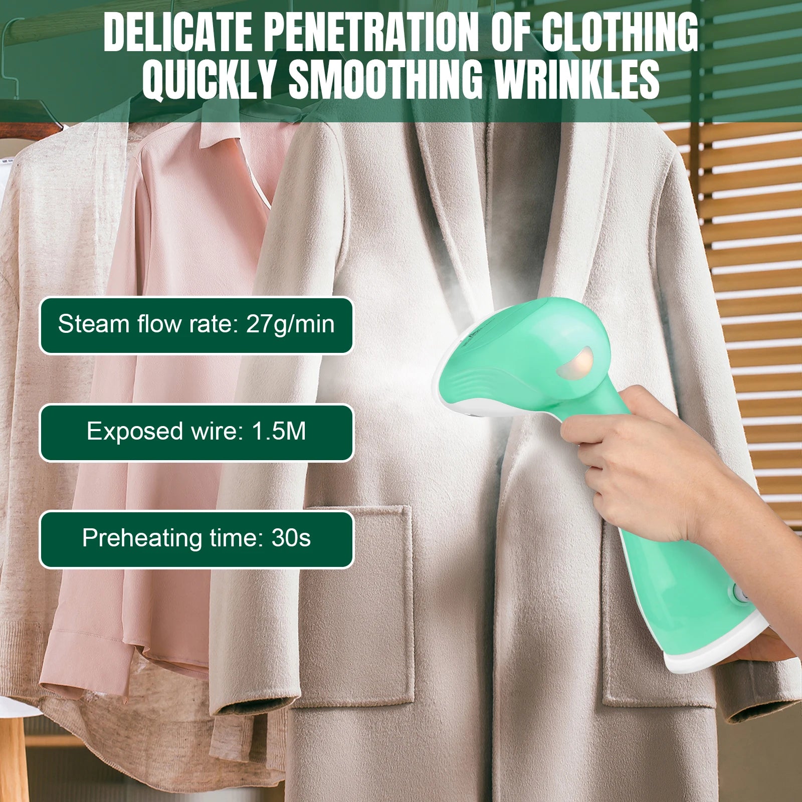 1500W Handheld Clothes Portable Steamer 300ml Water Tank, 30s Fast Heat-up, 27g/min, Stainless Steel Panel,1.5m Cable