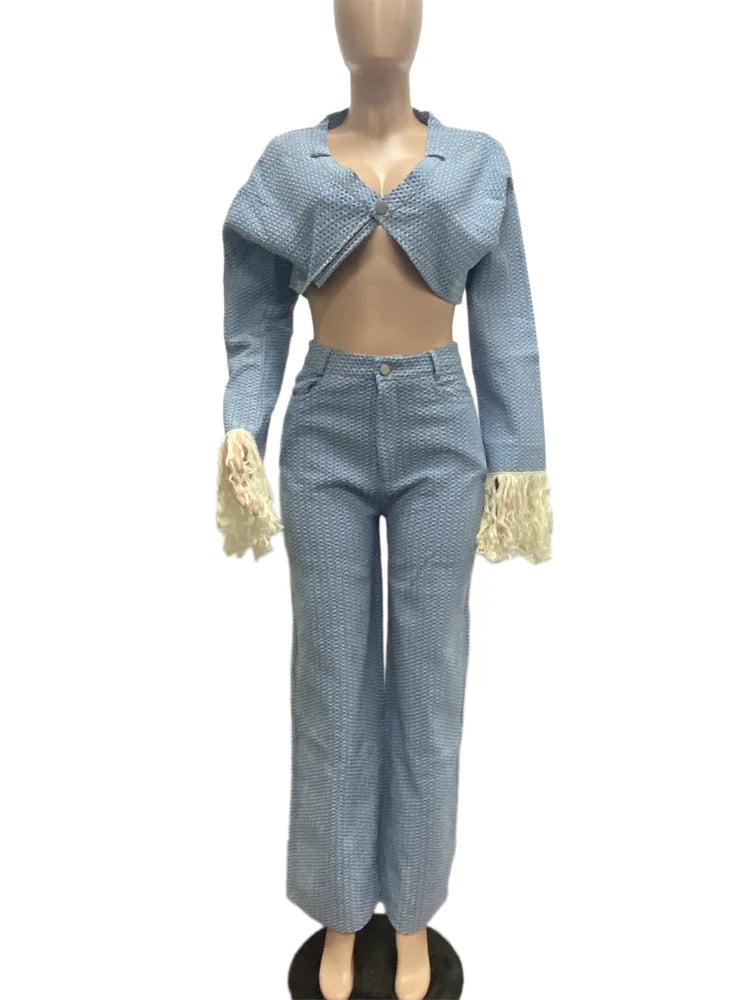 Denim Tassel Long Sleeve Crop Top Jeans Jackets and Pants 2 Piece Matching Sets