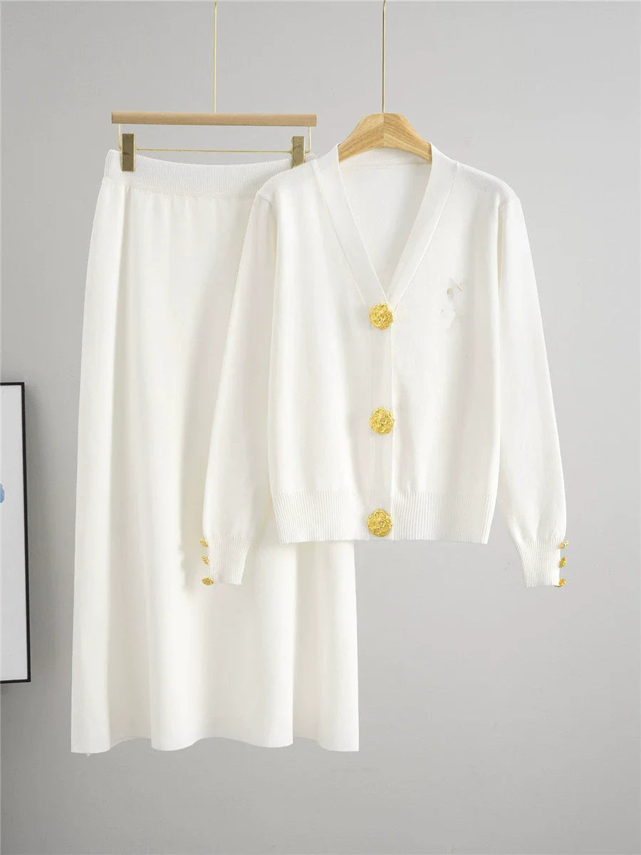 Elegant Slim Knitted 2 Piece Sets Sweater Tops High Waist Straight Pants Outfit