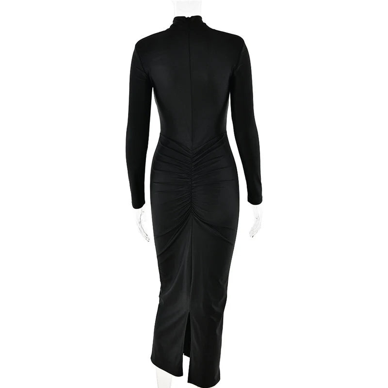 Hollow Out Long Sleeve Maxi Metal Buckle Ruched Slit Long Dress