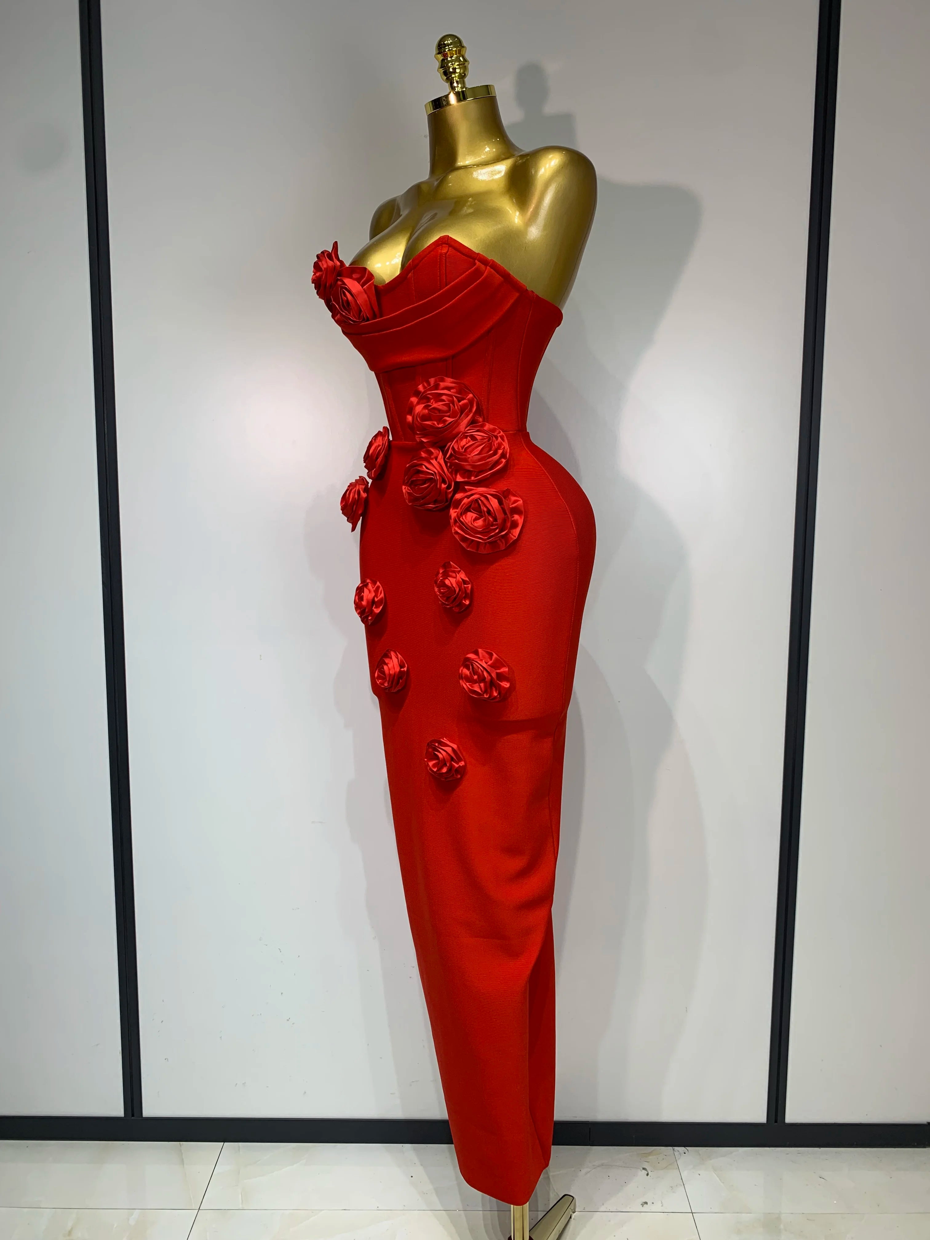 Strapless Backless Red Flower Midi Bandage Dress
