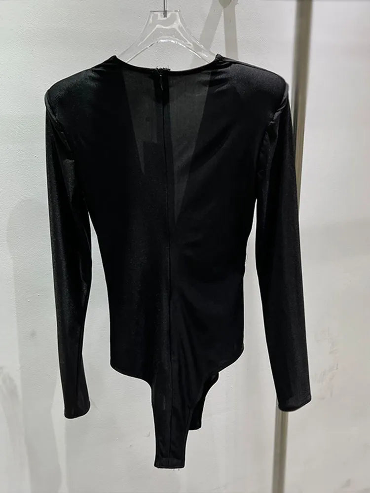 Solid Folds Twist V Neck Long Sleeve High Waist Slim Blouse