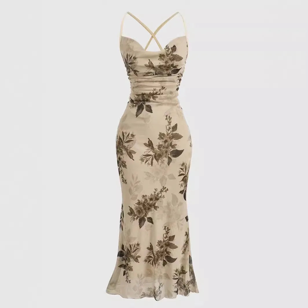 Floral Print Criss Cross Mermaid Dress