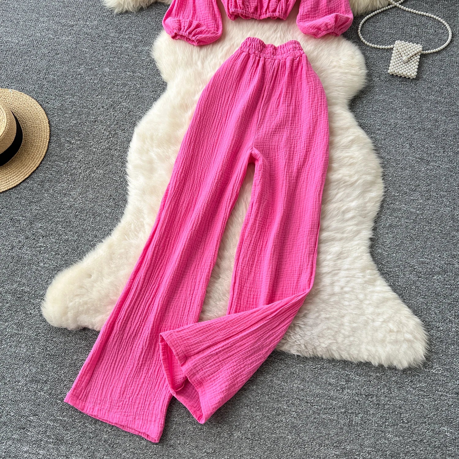 Lantern Sleeve Off Shoulder Crop Top+High Waist Wide Legs Pants Two Piece Set