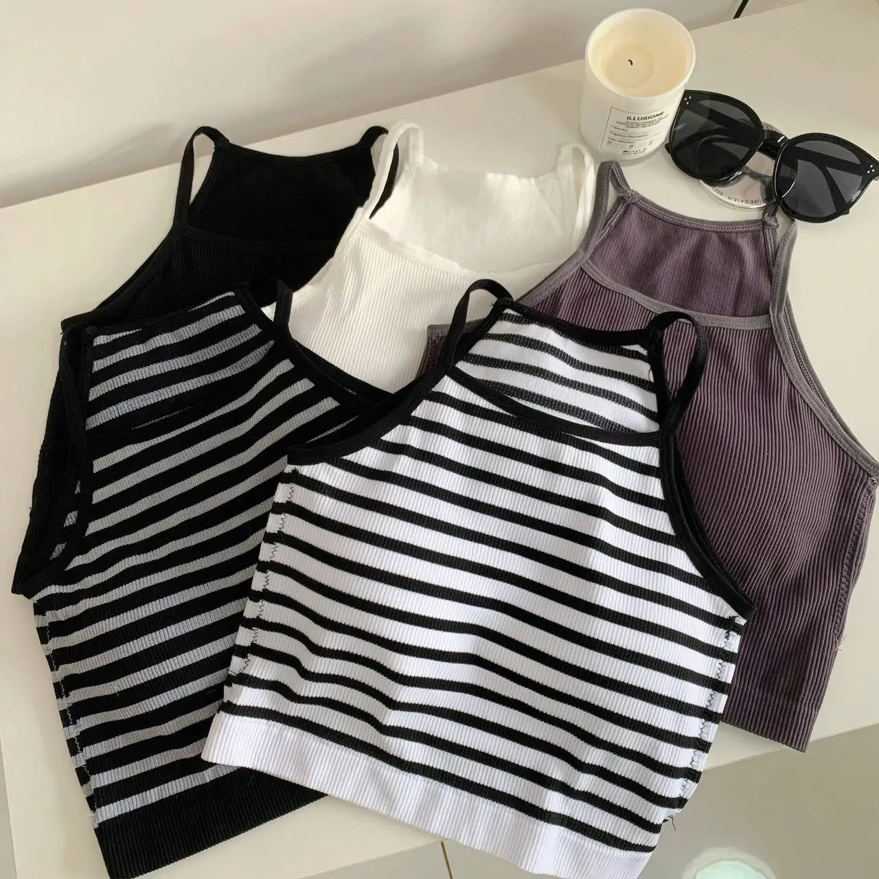 Tank Tops Thread Solid Casual Crop Top with Chest Pad Stripe Sleeveless Outer Wear Basic Camisole