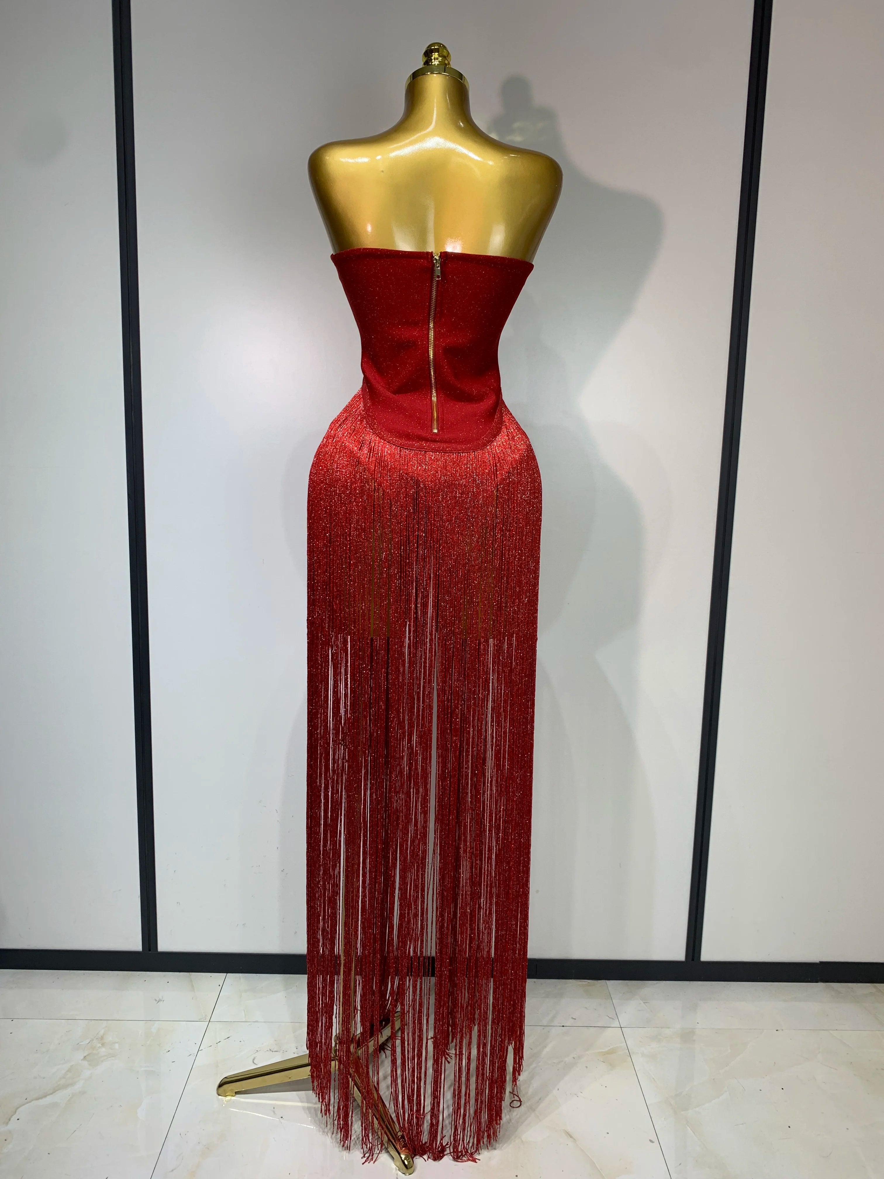 Luxury Long Tassel Patchwork Strapless Bandage Bodysuit Dress