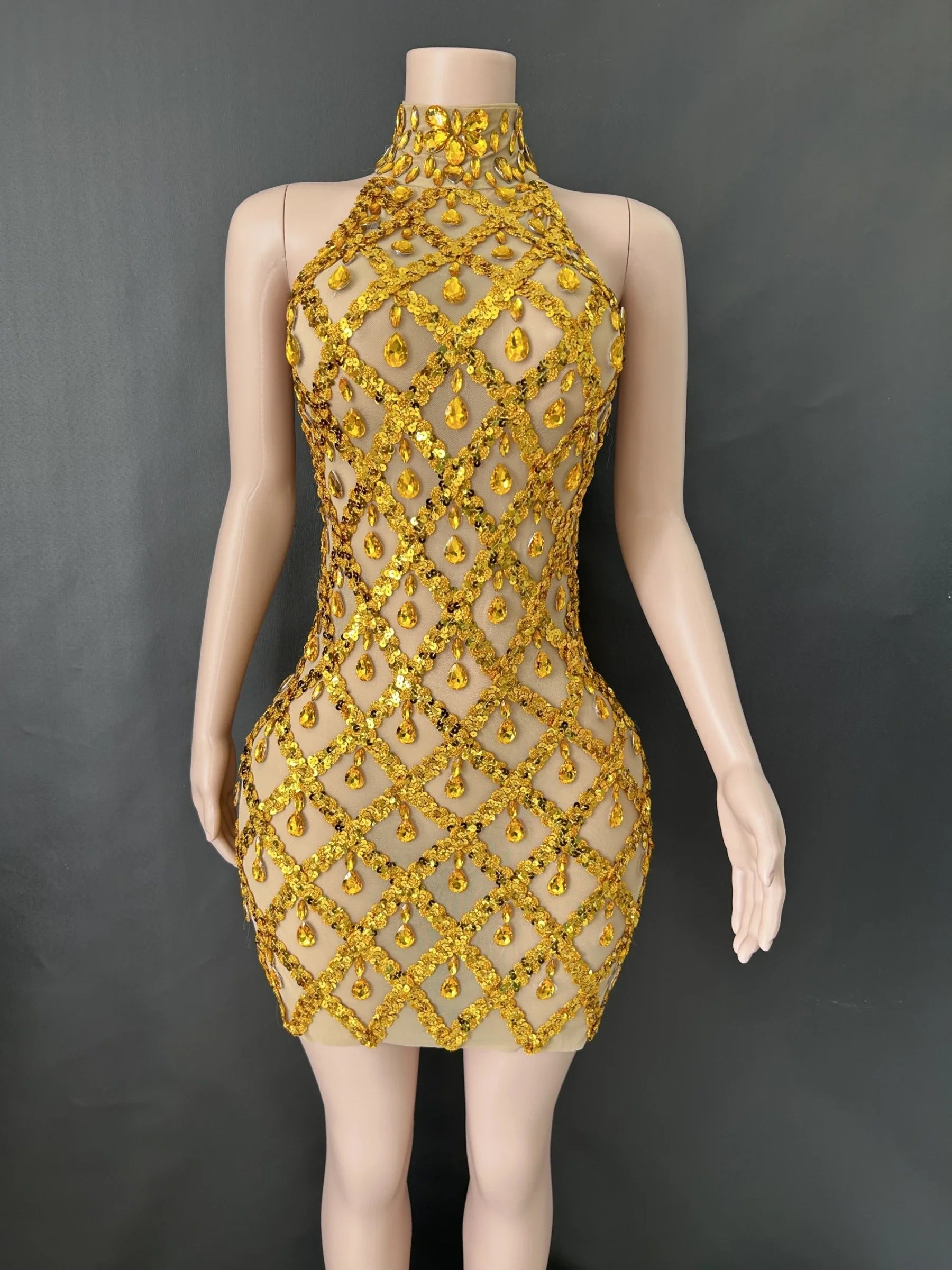 Prom Birthday Dress Transparent Rhinestone Sequins Dress