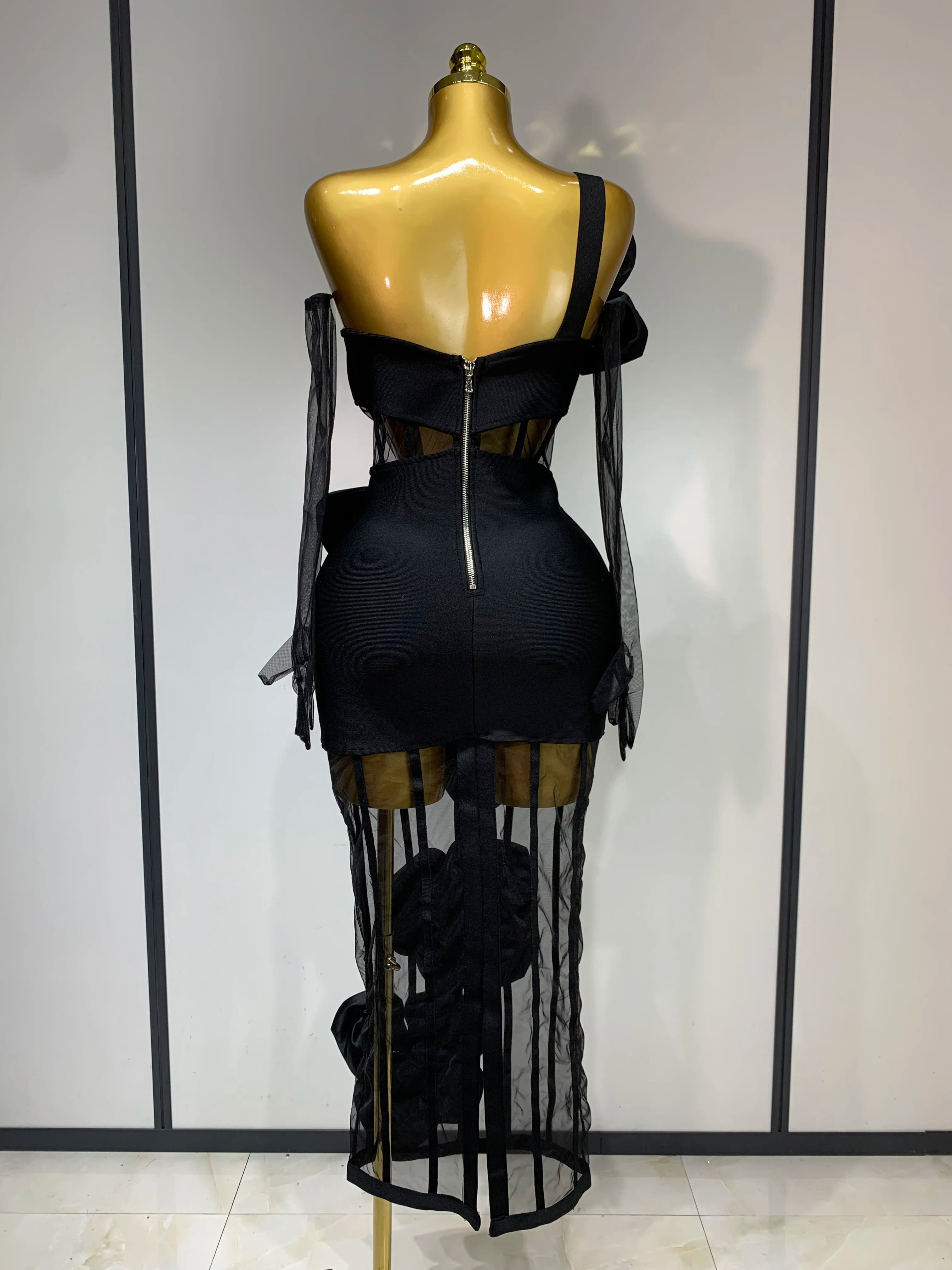 One Shoulder Bow Mesh See Through Bandage Bodycon Dress