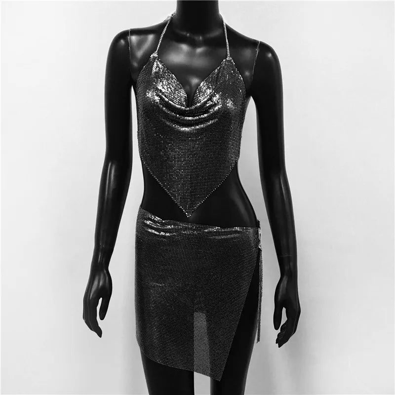 Metal Sequins 2 Piece Set Backless Halter Tank Tops Split Mini Skirts