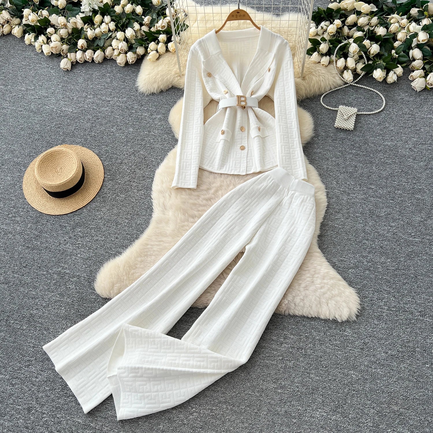 Knitted Long Sleeve Tops+Wide Trousers  Two Pieces Set