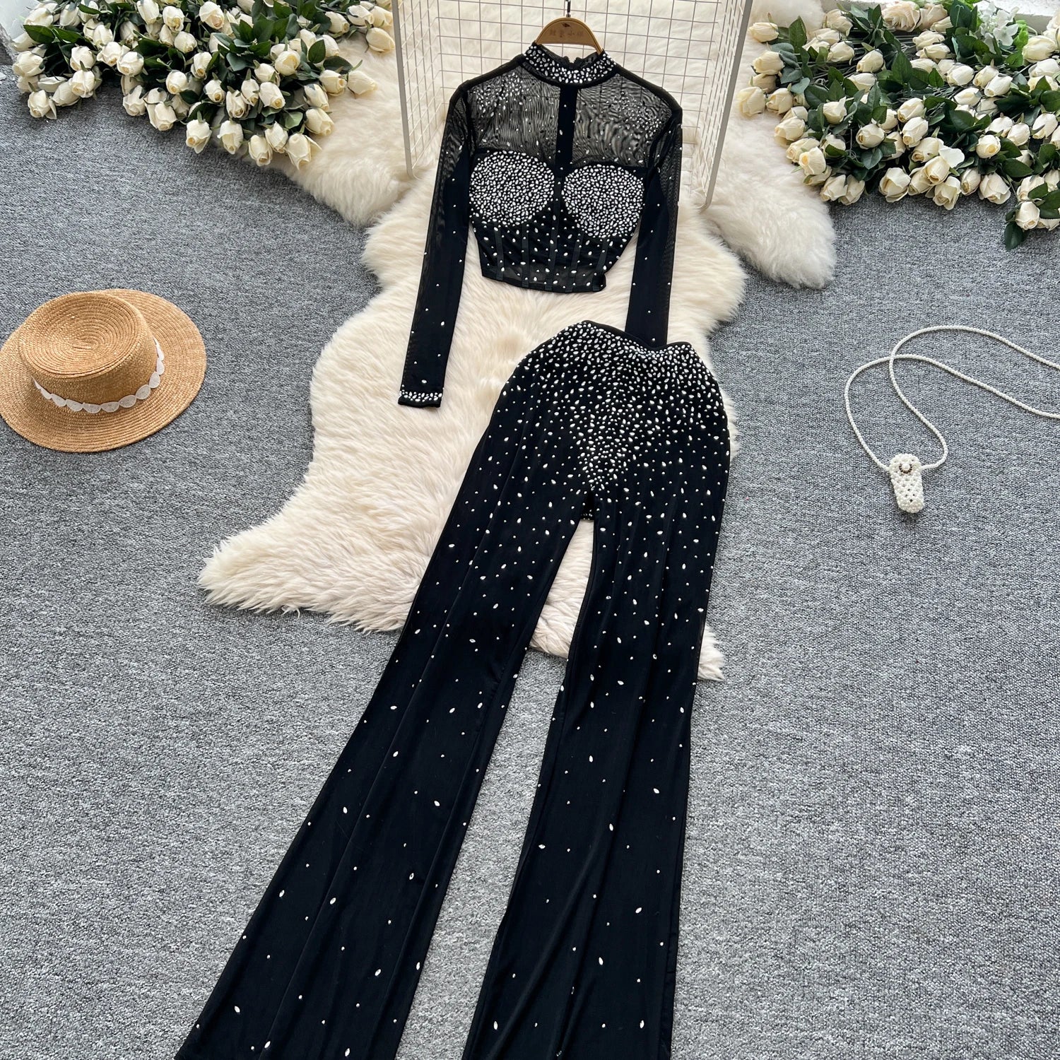 See Through Mesh Rhinestone Chic Two-piece Sets
