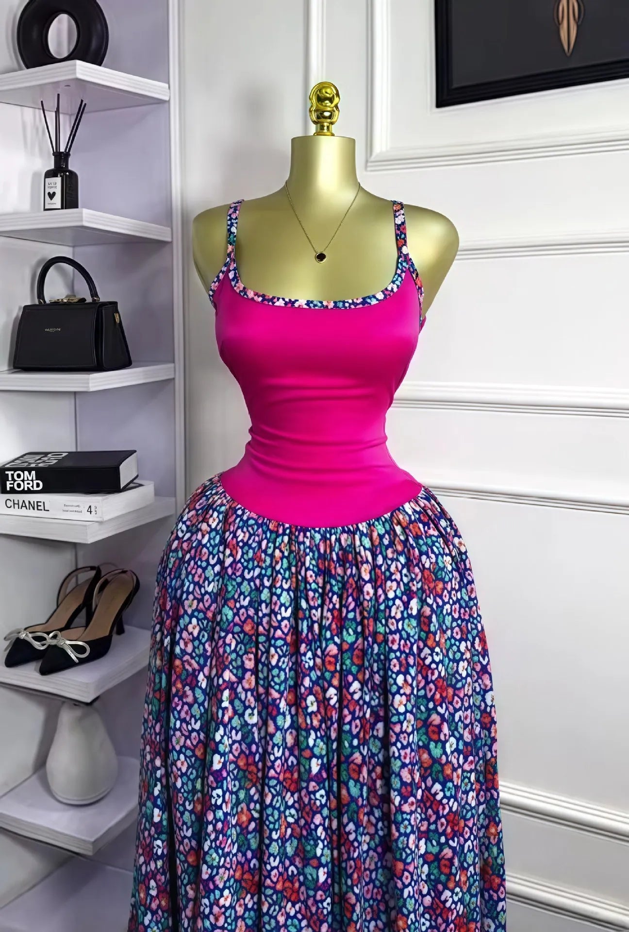Floral Printed Patchwork Strap Tank Maxi Long Dress