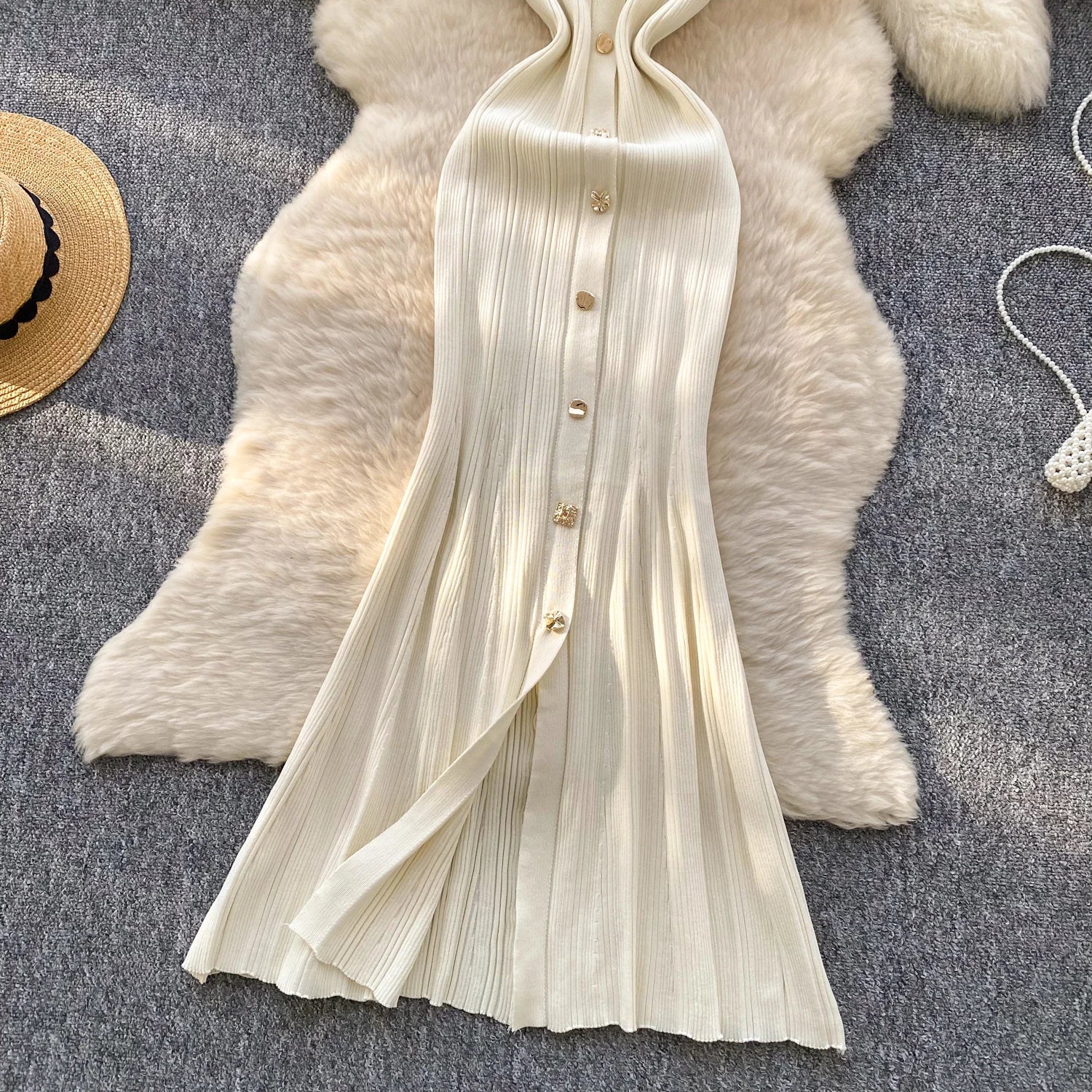 Elegant Office Lady Dress O Neck Sleeveless Knitted Bodycon Dress Sundress
