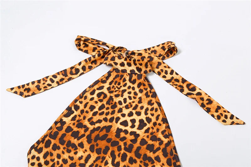 Leopard Print Halter Neck Backless Romper Bandage Jumpsuit
