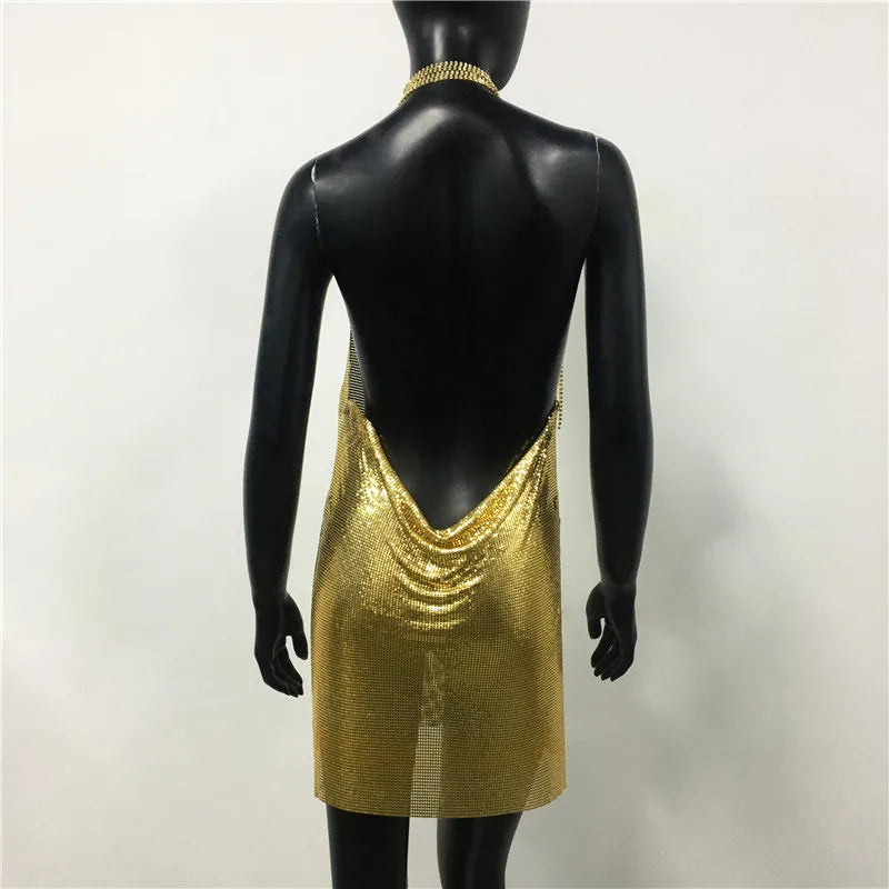 Backless Spaghetti Strap Metal Sequins Low Cut Dress