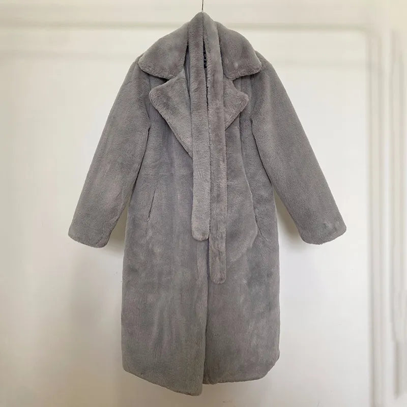 Oversized Lapel Belted Faux Rabbit Fur Coat