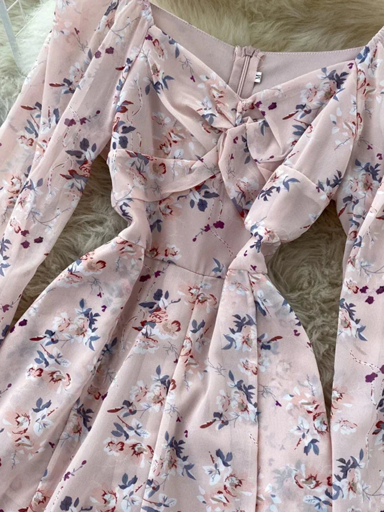 V-neck Puff Sleeves Folds Slim Floral Wide-leg Playsuit Jumpsuit
