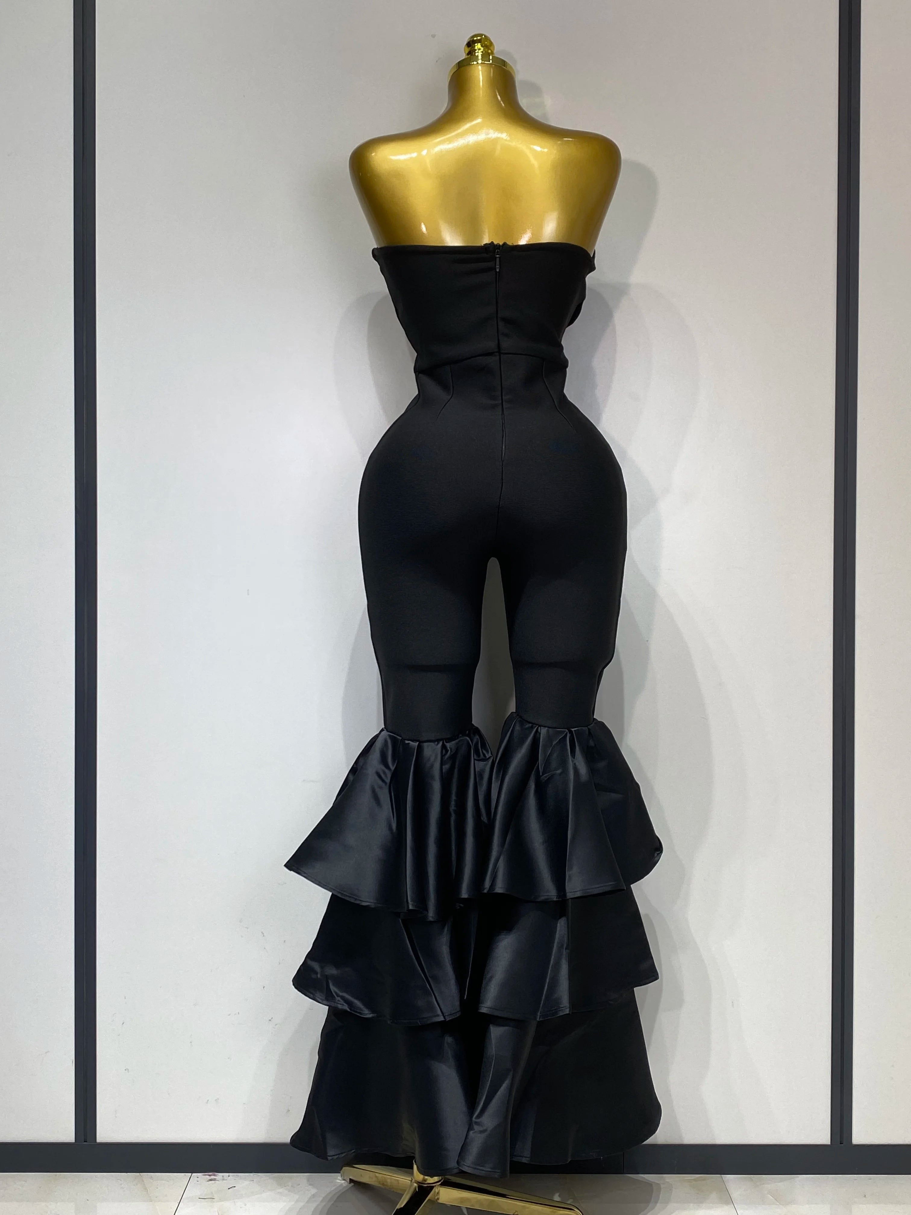 Luxury Strapless Ruffles Bodycon Flare Black Bandage Jumpsuit