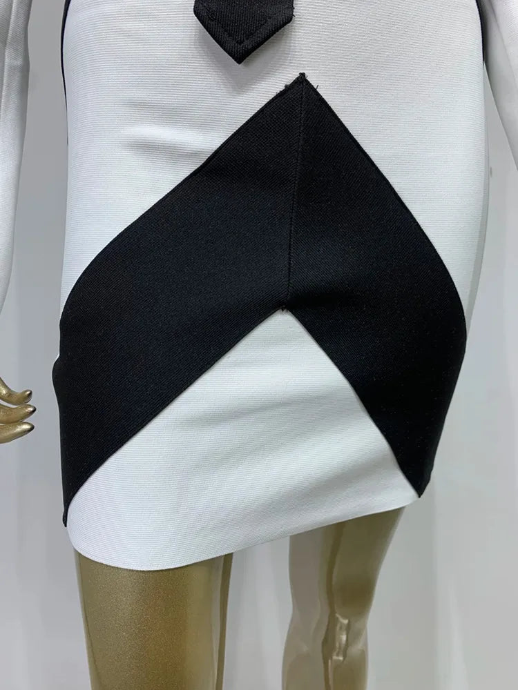 Long Sleeve Patchwork Black White Tie Cut Out Mini Bandage Dress