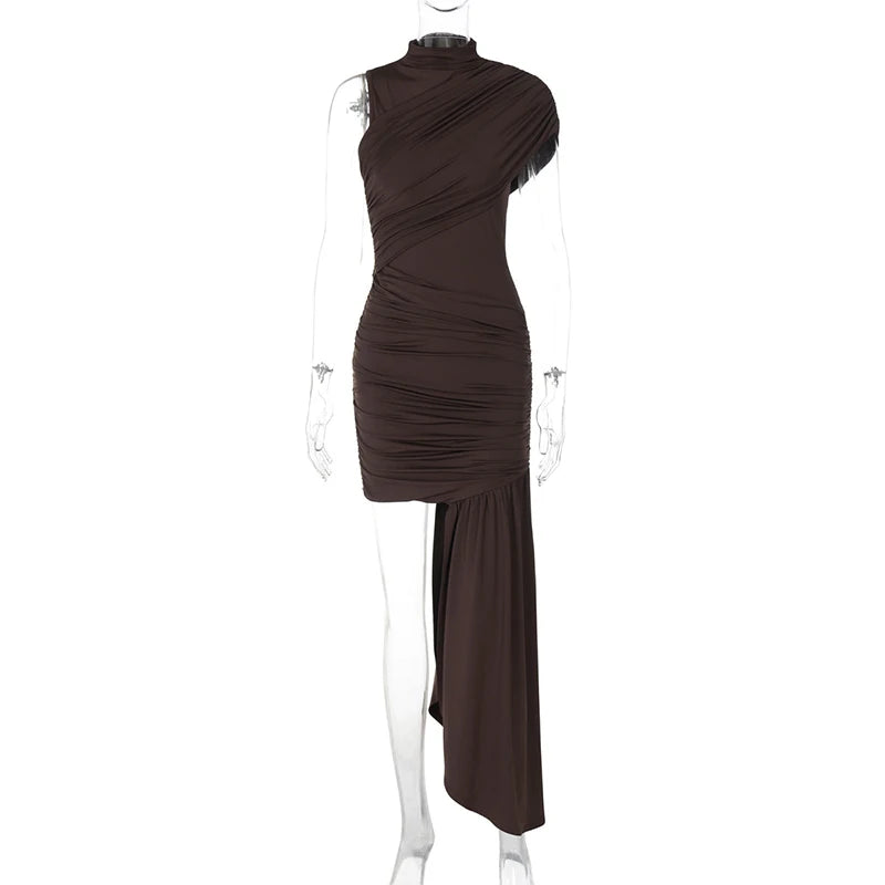 Elegant Turtleneck Sleeveless High Waist Pleated Irregular Draped Ruched Sexy Mini Dress