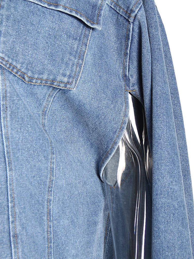 Blue Denim Irregular Big Size Cloak Trench Lapel Long Sleeve Windbreaker