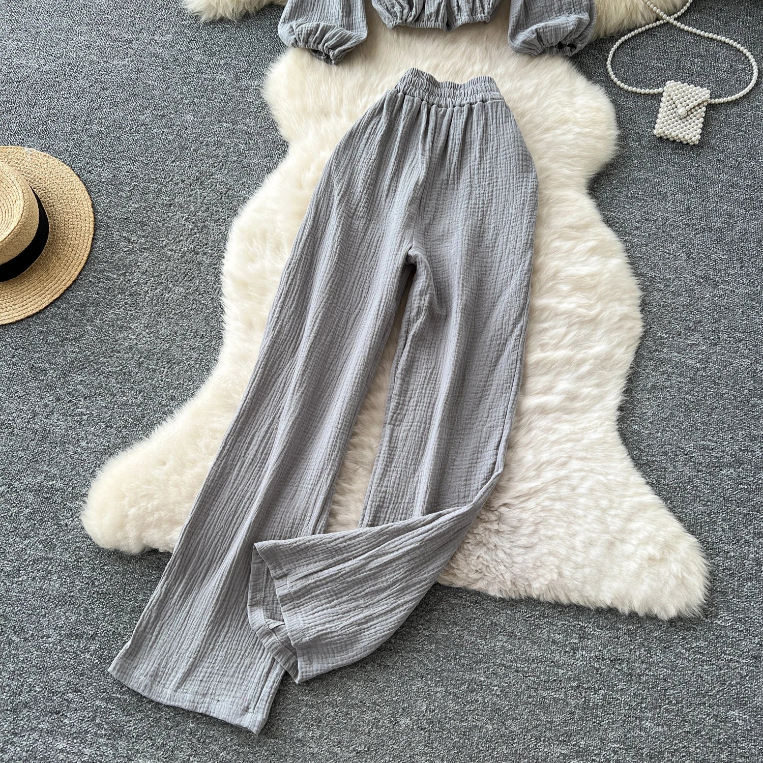 Lantern Sleeve Off Shoulder Crop Top+High Waist Wide Legs Pants Two Piece Set