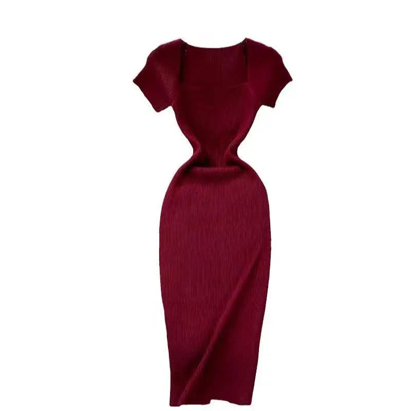 Elegant Square Neck Short Sleeve Slim Fit Knitted Bodycon Dress
