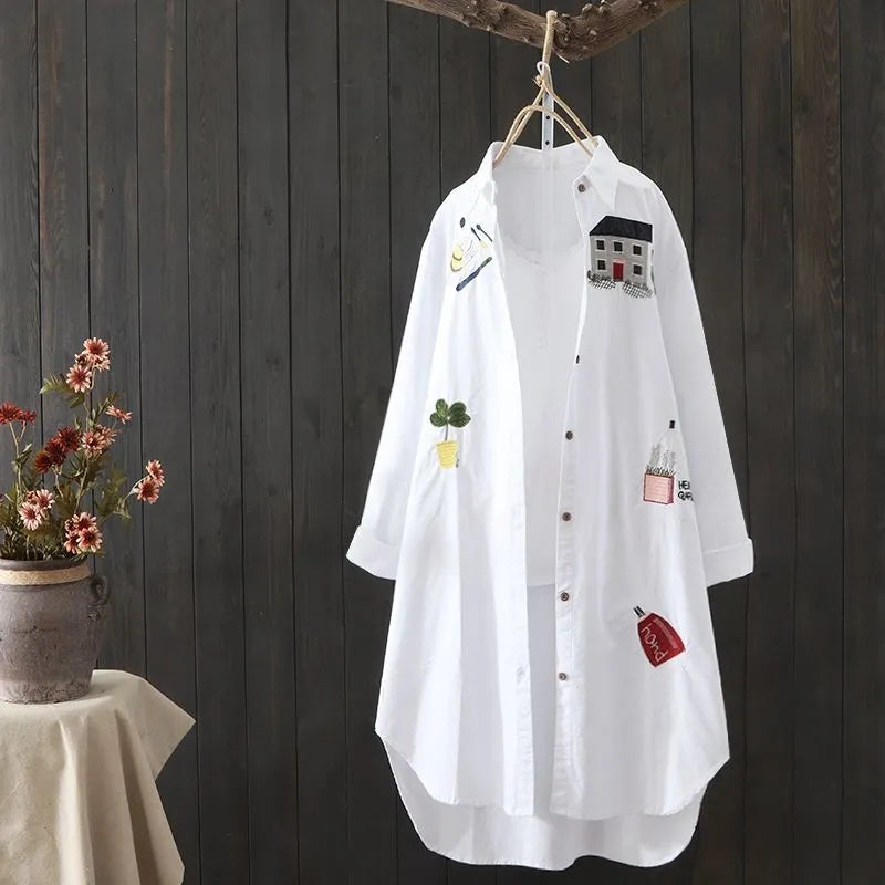 Cotton Embroidery Loose Long White Shirts Spring Autumn New Casual Office Lady Blouse Top Loose shirt